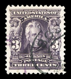 302, 3c Bright violet, exceedingly well centered within unusually large margins, lovely rich color, light oval and a small part of purple cancels, extremely fine 2009 PSE
certificate (XF-Superb 95 Jumbo SMQ $250.00 for 95 and $900.00 for 98)<