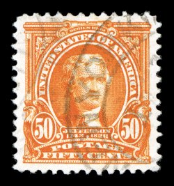 310, 50c Orange, excellent centering amid remarkably wide margins, radiant color and a vivid impression, New York double oval cancels, extremely fine an especially
large-margined copy 2009 PSE certificate (XF 90 Jumbo SMQ $145.00 for 90 and $