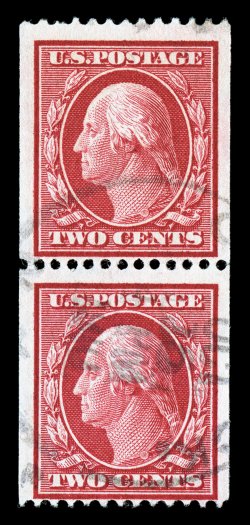 349, 2c Carmine coil, perf. 12 horiz., pair, vibrant color, large margins, very fine and scarce 1993 and 2003 PF certificates.