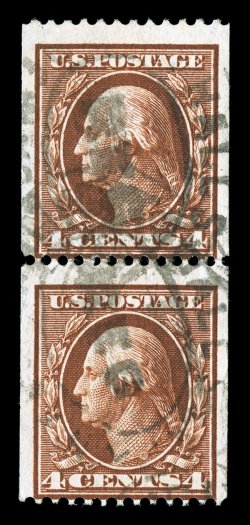 350, 4c Orange brown coil, perf. 12 horiz., scarce used pair, deep rich color, registry oval pmks., fine 1997 PF certificate ex-Agris.