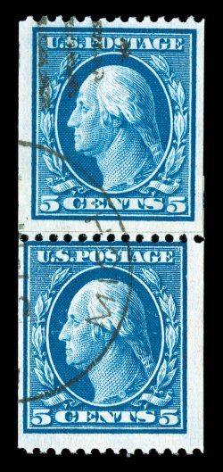 351, 5c Blue coil, perf. 12 horiz., an exceedingly rare used paste-up pair, bright color, light duplex cancel, fine-very fine 1998 PF certificate.
