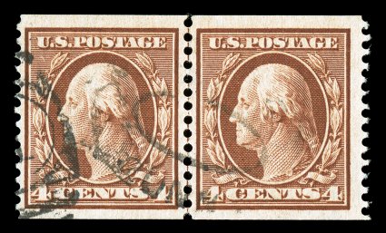 354, 4c Orange brown coil, perf. 12 vert., guide line pair, nicely centered, strong rich color, light duplex cancel, very fine genuine used line pairs are few and far between
1980 PF certificate.