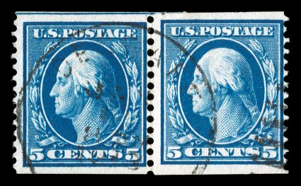 355, 5c Blue coil, perf. 12 vert., used paste-up pair, light duplex cancel, fine the first such used paste-up pair we have seen and could very well be unique 1998 PF
certificate.