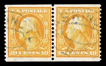 356, 10c Yellow coil, perf. 12 vert., an immensely rare used pair, radiant rich color, reasonably well centered for this, light Washington oval postmarks, fine this pairs
authenticity is unquestioned, as it was was originally part of a strip o