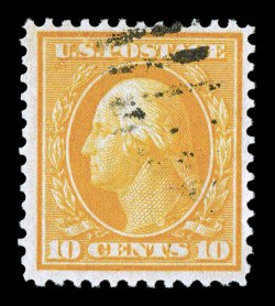 364, 10c Yellow on bluish paper, a very rare used example, vivid color and an intense impression on deeply blued paper, much better centering than most of the few known used
copies, uncharacteristically light duplex cancel, very fine there ar