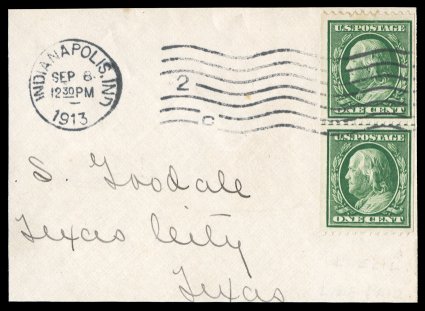 385, 1c Green coil, perf. 12 horiz., guide line pair tied to piece by Indianapolis machine cancel dated Sep 6, 1913, well centered and with bright color, very fine a scarce
used line pair.