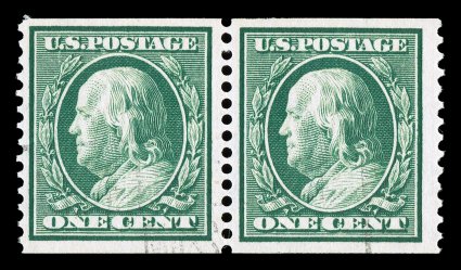 387, 1c Green coil, perf. 12 vert., pair with 2mm spacing, well centered within large margins, rich bright color, very lightly cancelled, a very fine example of this scarce
used coil pair 2001 PF certificate.
