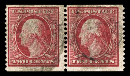 388, 2c Carmine coil, perf. 12 vert., an extraordinarily rare used pair, with the preferred 3mm spacing, deep color, trivial corner crease at top left, otherwise fine a major
coil rarity, as  there are only nine used certified pairs (and one