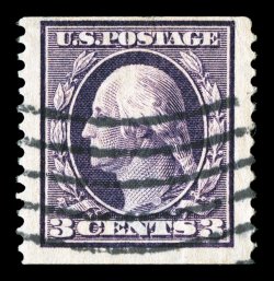 389, 3c Deep violet, Ty. I, Orangeburg Coil, perf. 12 vert., deep color and impression, better centering than normal for this, with exceedingly wide margins, neat wavy line
cancel of Orangeburg, N.Y., thinned and a corner crease, very fine app