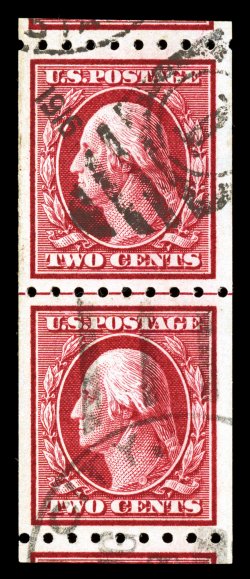 391, 2c Carmine coil, perf. 8 12 horiz., a remarkably choice quality line pair, not only is it extraordinarily well centered within lavish margins, but it is neatly cut outside
the perfs., with equal portions of the adjoining top and bottom sta