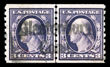 394, 3c Deep violet coil, perf. 8 12 vert., guide line pair, intense color in an especially dark shade, nicely centered, Glastonbury, Conn. straight line cancel, very fine 1999
PSE certificate.