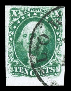 13, 10c Green, Ty. I, position 98L1, large to huge margins including an impressive sheet margin at bottom, wonderfully bright color and a crisp impression on fresh white paper,
neat Lowell, Mass. town c.d.s., extremely fine 1991 PF certificate