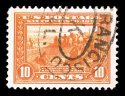 400A, 10c Panama-Pacific, orange, striking used single that is impeccably well centered amid extraordinarily large margins, brilliant color, fairly light San Francisco oval
pmk., extremely fine 2009 PSE certificate (XF-Superb 95 Jumbo SMQ $295