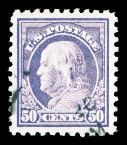 440, 50c Violet, an outstanding example that is flawlessly centered within uncommonly large margins, plus its color is brilliantly fresh, clean impression on pristine white
paper, very light face-free cancel, an extremely fine gem for the perfec