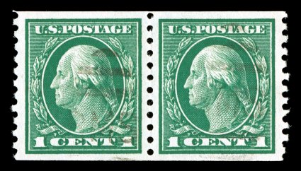 443, 1c Green flat plate coil, perf. 10 vert., gem used pair, perfectly centered within wide margins, deep rich color and a crisp detailed impression, unusually light duplex
cancel, extremely fine actually a most challenging stamp to find in th