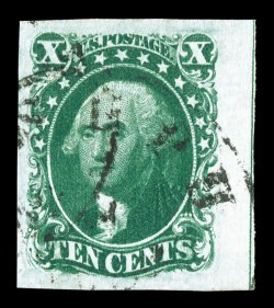 15, 10c Green, Ty. III, right sheet-margin single displaying the full straddle guide line in the margin, other margins also quite large and even, lovely rich color and an
excellent detailed impression on clean white paper, light c.d.s. town canc