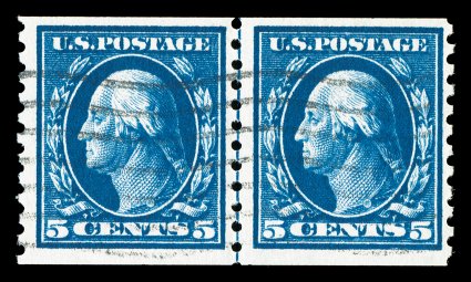 447, 5c Blue flat plate coil, perf. 10 vert., seldom seen used guide line pair, gorgeous prooflike color and impression, well centered, light wavy machine cancel, very fine
1999 PF certificate.