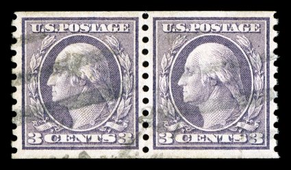 456, 3c Violet rotary coil, Ty. I, perf. 10 vert., handsome pair, exceptionally well centered and margined, bright color, fairly light cancel, extremely fine 1992 PF
certificate.