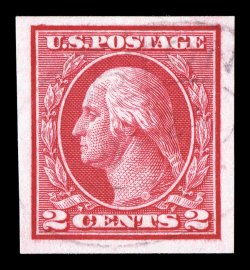 459, 2c Carmine imperforate coil, large margins all around, deep fiery color on fresh paper, light double oval cancel, extremely fine this is actually one of the most elusive
and undercataloged 20th century stamps in used condition, as exhibi