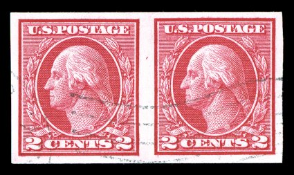 459, 2c Carmine imperforate coil, a gem used pair, possessing four large and equally balance margins, radiant color and bright white paper, lightly cancelled by a wavy machine
pmk., extremely fine in every respect a rare used pair, with stellar