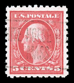 467, 5c Carmine error, well centered within exceptionally large margins, bright fresh color, light machine cancel, very fine used singles of this error stamp are terribly
difficult to come by 1997 PF certificate.