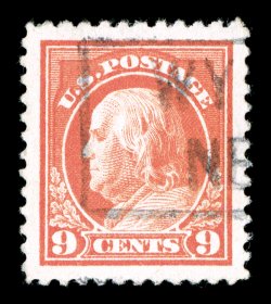 509, 9c Salmon red, a phenomenal single that is in the finest quality imaginable, as it boasts incredibly large margins and is absolutely perfectly balanced within these lavish
borders, brilliantly fresh color, light boxed town cancel, a superb