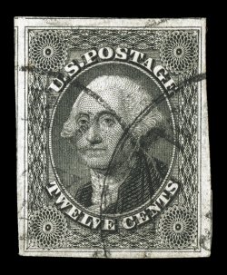 17, 12c Black, large margins all around, crisp impression, town c.d.s. cancels, extremely fine 1985 PF certificate.