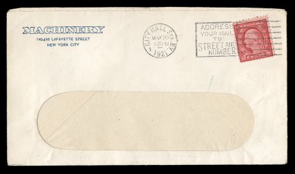546, 2c Carmine rose coil waste, Ty. III, perf. 11, fine single tied to clean Machinery corner card window envelope by clear City Hall Sta. N.Y.May 261921 slogan pmk., very
fine a very elusive stamp to be found on cover 1989 APS certific