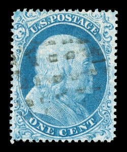 18, 1c Blue, Ty. I, uncommonly well centered, attractive color, light grid of dots cancel, choice very fine 1992 PF certificate for a strip of three, this being the middle
stamp.