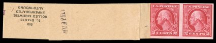 459, 2c Carmine imperforate coil, leader pair, with an extra-long leader strip measuring over 10 inches, with the Post Office imprint at the far left of the strip, strong
color, o.g., n.h. except where leader is attached to left stamp, fine-very