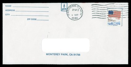 1891, 18c Flag and Anthem, plate no. 6 single tied to cover by Pasadena Oct. 6, 1981 machine cancel, stamp is well centered, very fine a modern postal history rarity, as only a
handful of plate no. 6 covers are recorded, with this particular ex