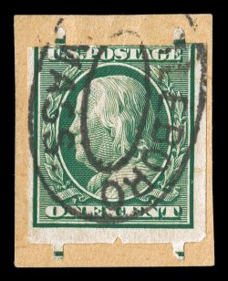 343 var., 1c Green, with Attleboro Stamp Co. perforations, single tied to piece by Attleboro oval pmk., with all four of these fragile perforations fully showing, fine for this
scarce private perforation 1997 APS certificate.