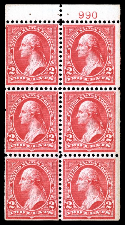 279Bj, 2c Red, booklet pane of six, horizontal watermark, with the scarce plate no. 990 in selvage, strong color, o.g., n.h., fine.