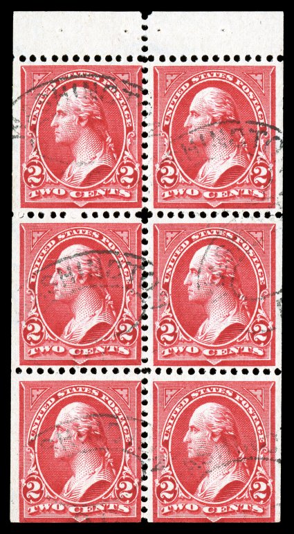 279Bj, 2c Red, booklet pane of six, horizontal watermark, seldom seen used pane with full tab selvage, brilliantly rich color, light Washington oval cancels, fresh and
fine.