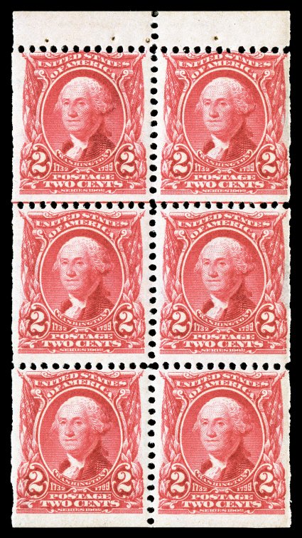 301c, 2c Carmine booklet pane of six, position M, with guide line at top, bright color, o.g., n.h., fine.