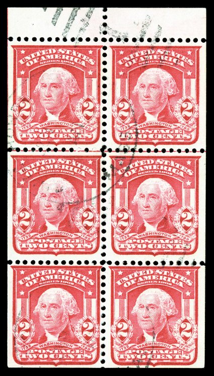 319g, 2c Carmine, booklet pane of six, position G, which occurs only once in the 30-pane subject, well centered, bright color, lightly cancelled, very fine an especially scarce
pane being both an elusive position and in excellent condition 199