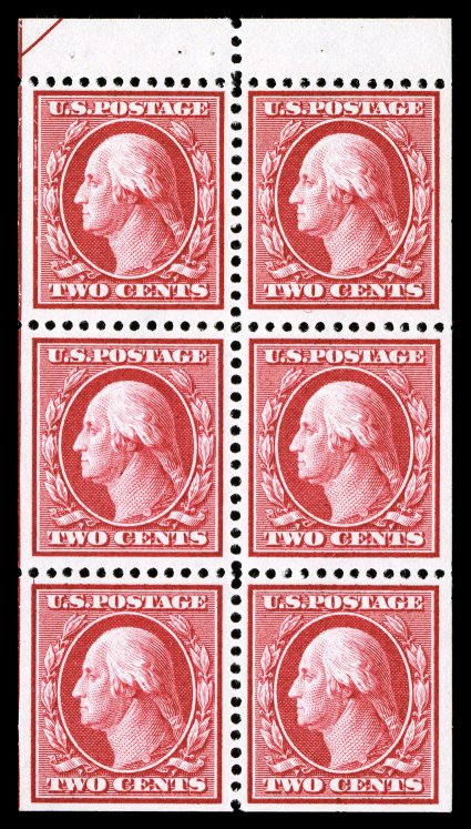 332a, 2c Carmine booklet pane of six, position C, with arrow and guide line at left, an extraordinary quality pane, beautifully centered, remarkably bright, fresh and crisp,
pristine o.g., n.h., extremely fine 2002 PF certificate.
