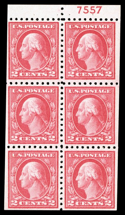 463a, 2c Carmine, booklet pane of six, position D, with plate no. 7557 in tab selvage, excellent centering, bright color, o.g., n.h., extremely fine and
choice.