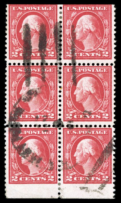499f, 2c Rose, Ty. I, A.E.F. booklet pane, bottom margin block of six from the pane of thirty, strong color, duplex cancels, trivial corner crease in the bottom left margin,
fine this block was reportedly taken off a large wrapper sent by Dr. W