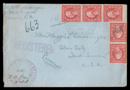 499f, 2c Rose, Ty. I, A.E.F. booklet pane, bottom margin vertical pair and strip of three from the pane of thirty, tied by U.S. Military Postal Express ServiceRegisteredNo.
7505 Nov 1918 violet c.d.s. postmarks on registered cover to Star C