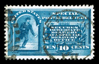 E1, 10c Blue, premium used single, beautifully centered amid large margins, sumptuously rich color on immaculate white paper, light duplex cancel, extremely fine 1988 PF
certificate ex-Saadi.