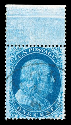 24, 1c Blue, Ty. V, an especially eye-appealing example, being a top sheet-margin single, beautifully centered within wide margins, wonderfully rich color and a clean
impression, light town cancel, extremely fine gem 1996 PF certificate.