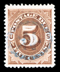 J4, 5c Brown, an exceedingly choice example, remarkably well centered amid enormously large margins, rich fresh color, beautifully cancelled with a blue socked on the nose
string of pearls, extremely fine a gem postage due with excellent eye ap