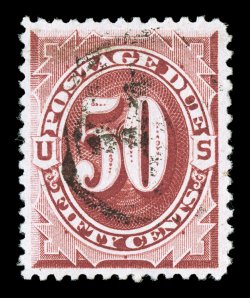 J28, 50c Bright claret, exceptionally well centered within large margins, strong rich color, light cancel, extremely fine 1992 PF certificate.