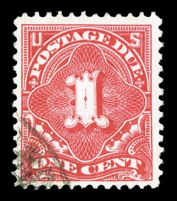 J29, 1c Vermilion, an incredible quality example of not only one of the most elusive of all postage dues, but is also next to impossible to find in premium used condition such
as this, being marvelously fresh and bright, with prooflike color and