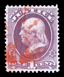 O25, 1c Justice, an eye-catching used single, exceptionally well centered, rich fresh color that is wonderfully contrasted by the bright red cork cancel, extremely fine 1998
PSE certificate.