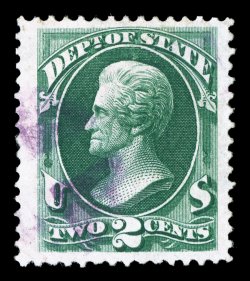 O58, 2c State, striking used single, wonderfully well centered within incredibly wide margins, strong rich color on fresh clean paper, light violet cork cancel, extremely fine
a large-margined gem with great eye appeal 1998 PSE certificate