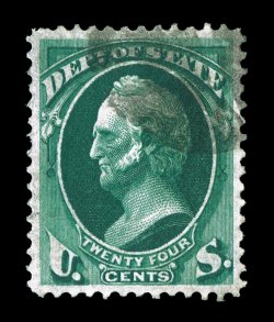 O65, 24c State, particularly well centered within large margins, intense color in an especially dark shade, light cork cancel, extremely fine 1997 PF
certificate.