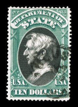 O70, $10.00 State, an exceedingly fresh and very rare sound used copy, with lovely rich colors and clean impressions, better centered and margined than most, light c.d.s., very
fine for this nearly all used examples of the Ten Dollar State Dept