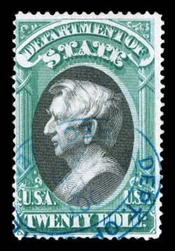 O71, $20.00 State, an exceedingly bright and fresh single of this rare official, with rich colors on pristine paper, light blue Received favor cancel, a few insignificant tiny
pinholes, fine 2004 PF certificate ex-Markovits.